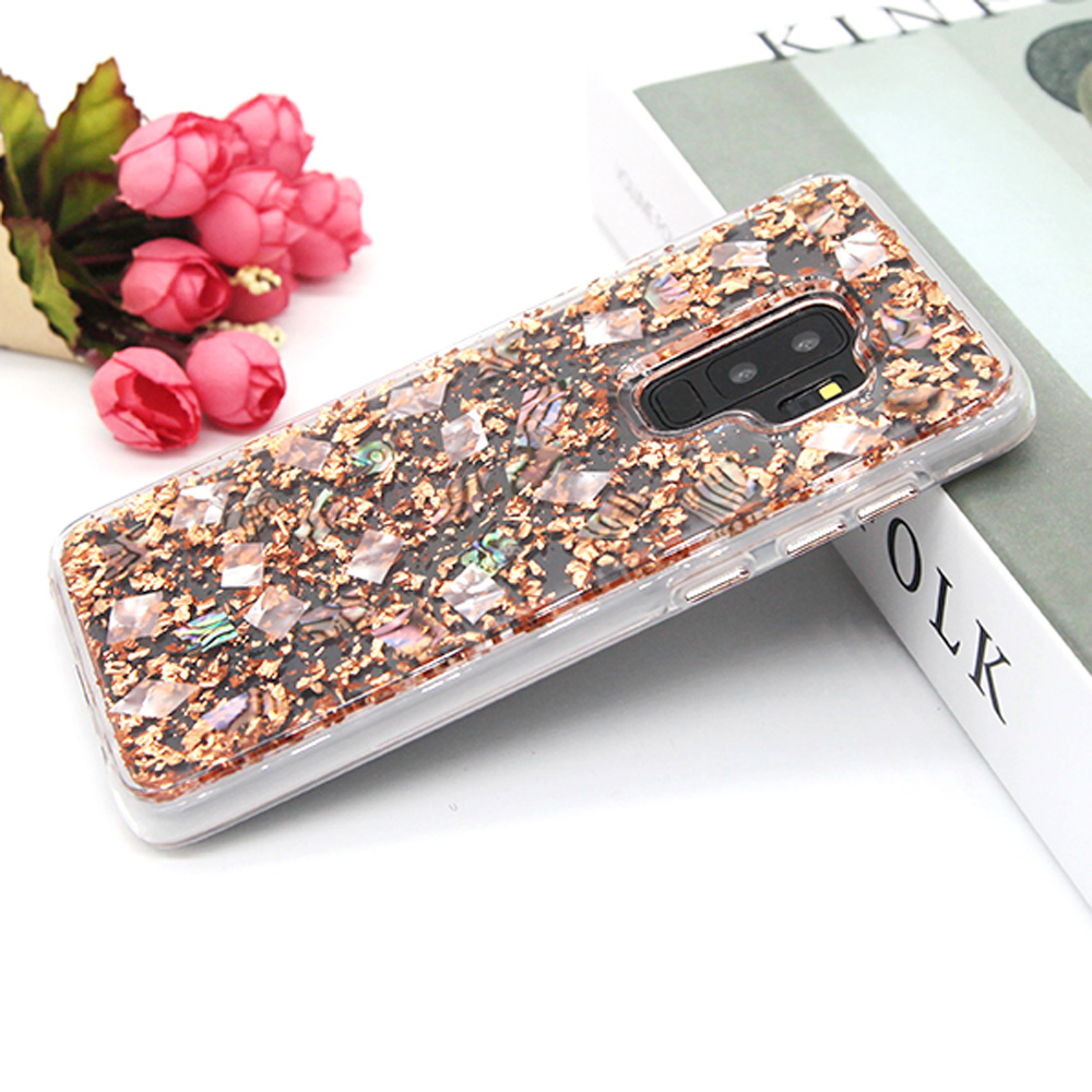 Galaxy S9+ (Plus) Luxury Glitter Dried Natural Flower Petal Clear Hybrid Case (Bronze Pearl)